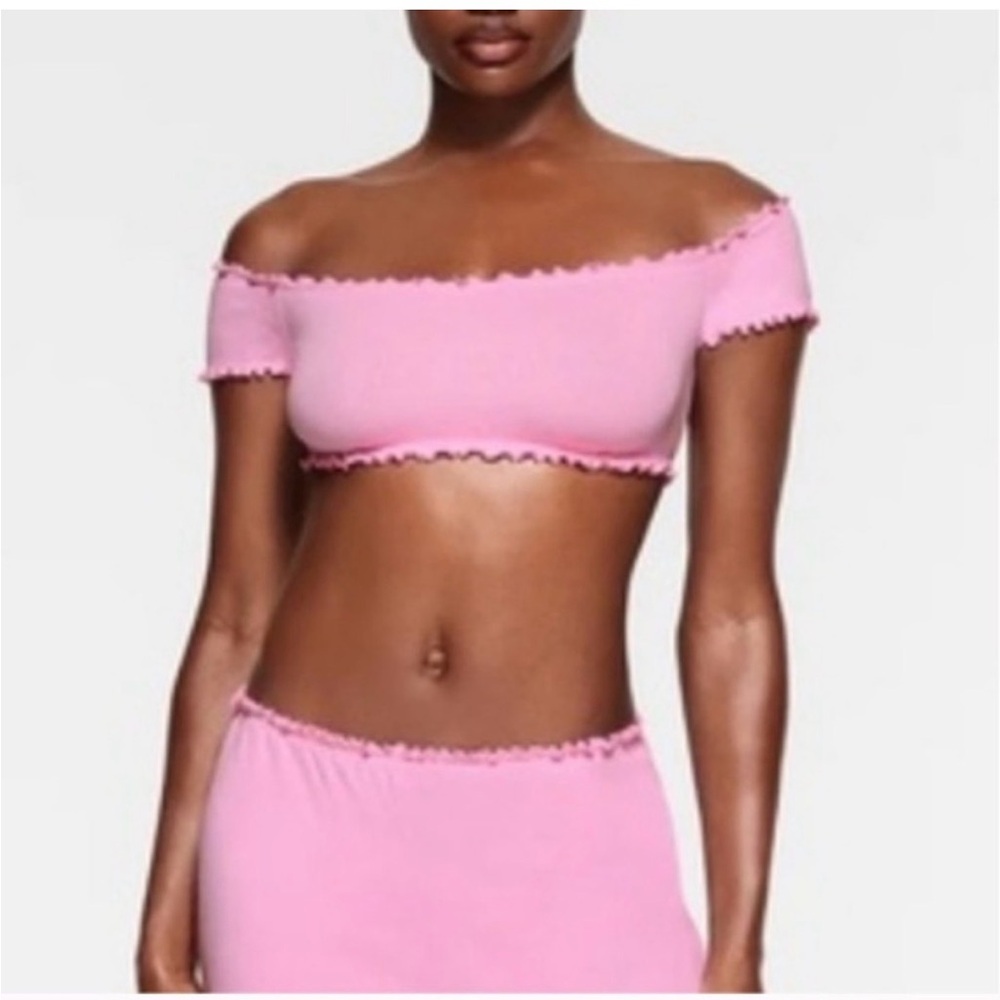 Skims Pointelle Logo Super Cropped Top bubble gum pink size XXL NWT ruffle